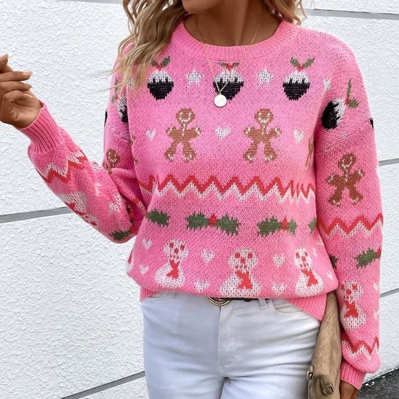 Pink Casual Womens Christmas Pattern Drop Shoulder Sweater - Picture 3 of 5